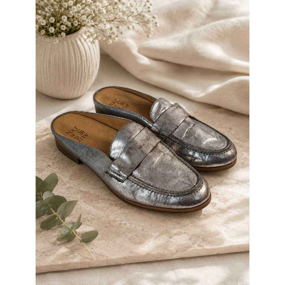 NATURALIZER Mattie Mules Silver Slip On Shoes 9.5 Women's Silver Loafer Shoes
